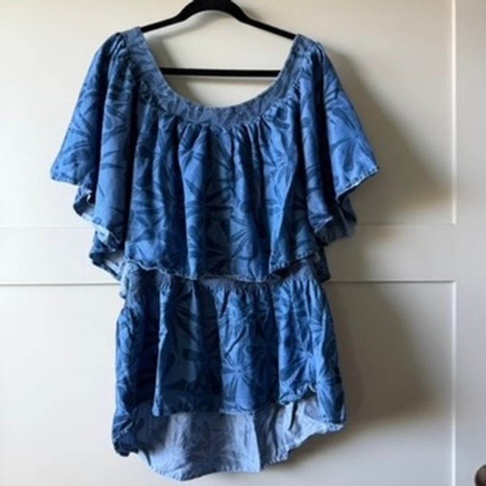 Tanoa Hawaii Top Womens 3XL Blue Floral Off‎ Shoulder Ruffle Tiered Tropical